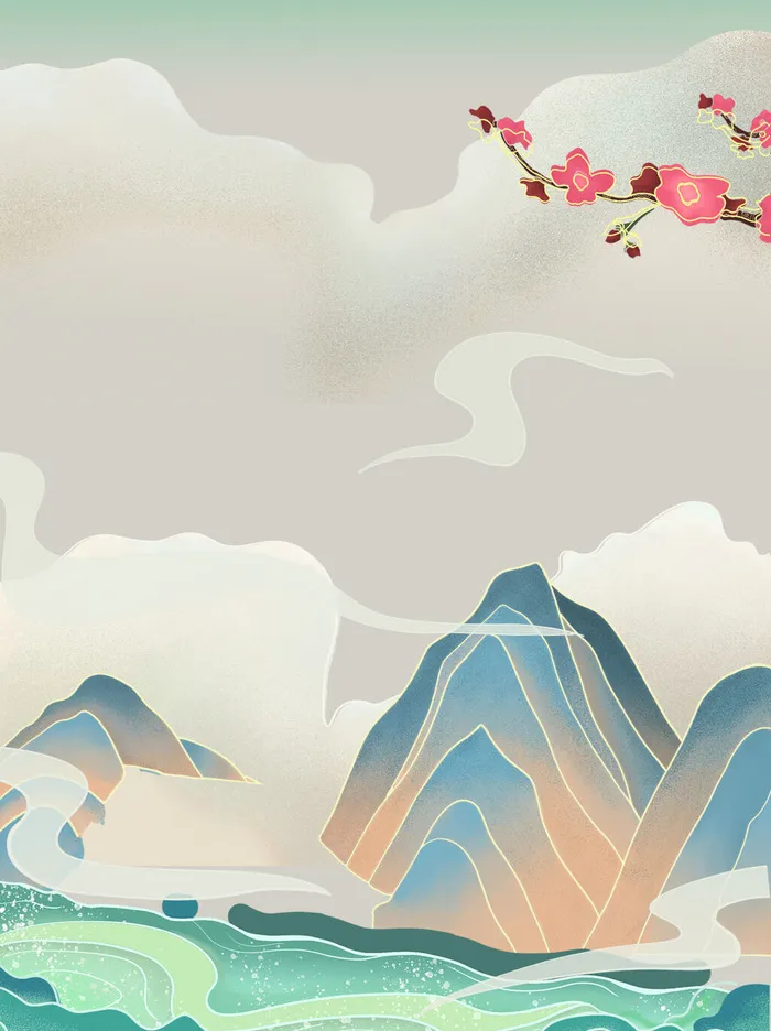 中国风国潮风山水祥云插画图案首页装修海报背景PSD设计模板素材psd模版下载