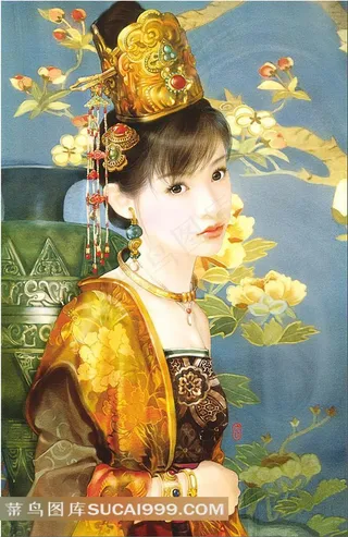 手绘古典美女古代美人桌面壁纸花绘画图片