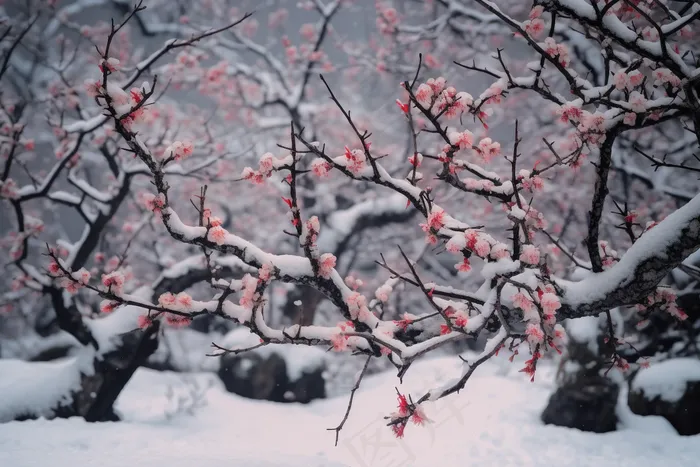 冬季梅花树枝白雪覆盖雪景摄影图(4032x2688)