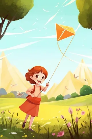 草地放风筝女孩插画背景