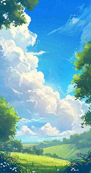 蓝天白云小花绿树树木草地插画手绘，春天春分