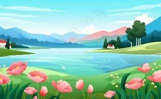 乡村村庄美丽风景河流插画农田插画背景