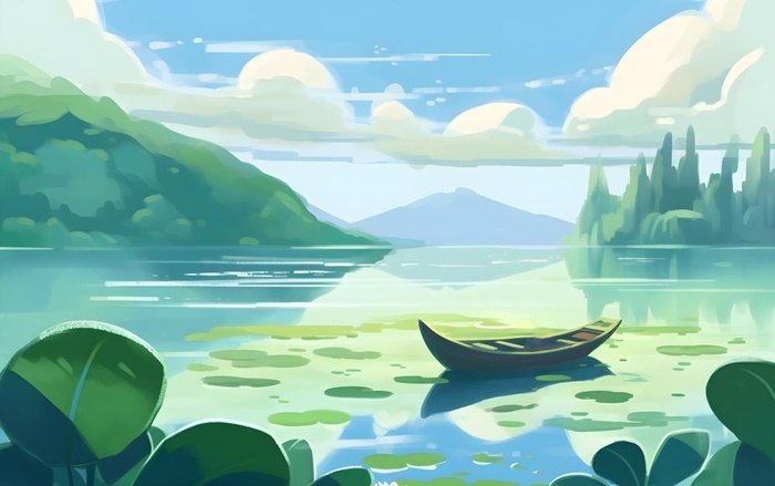 湖中泛舟山森林绿叶花风景插画海报素材背景(5504x3456)