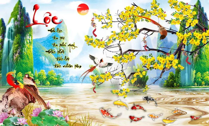 梅花开春山水背景psd模版下载