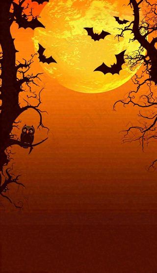 万圣节夜晚恐怖树枝橙黄色暗黑，西方节日