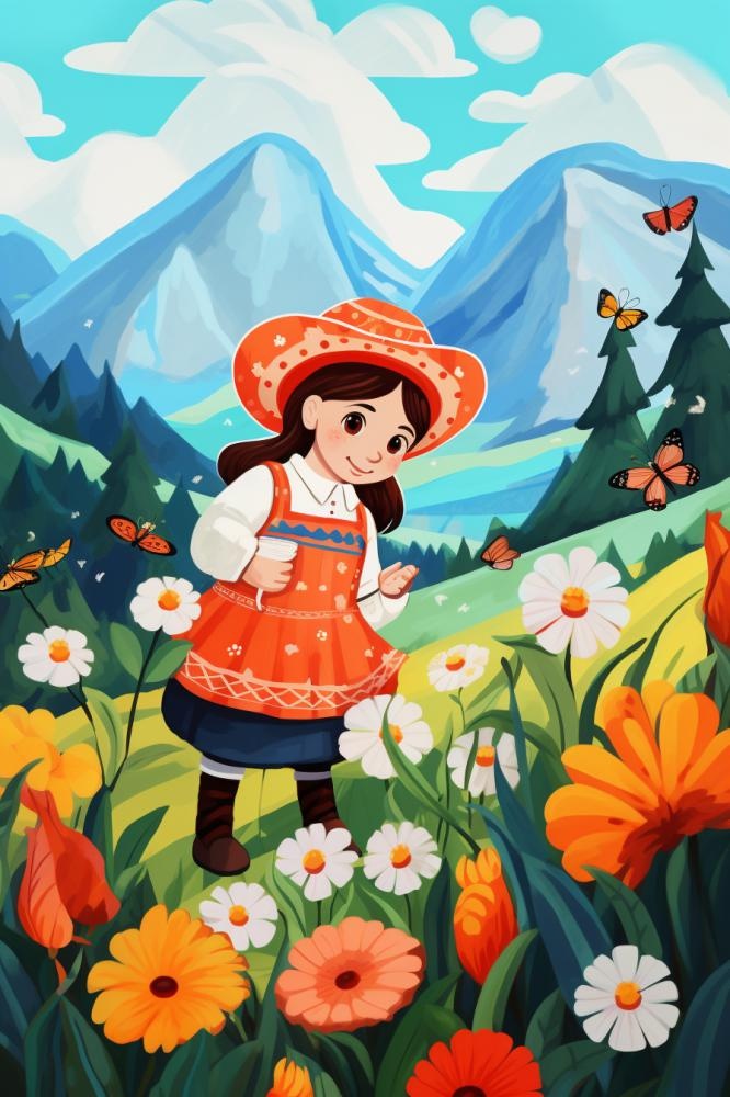 清新花草女孩蝴蝶插画背景