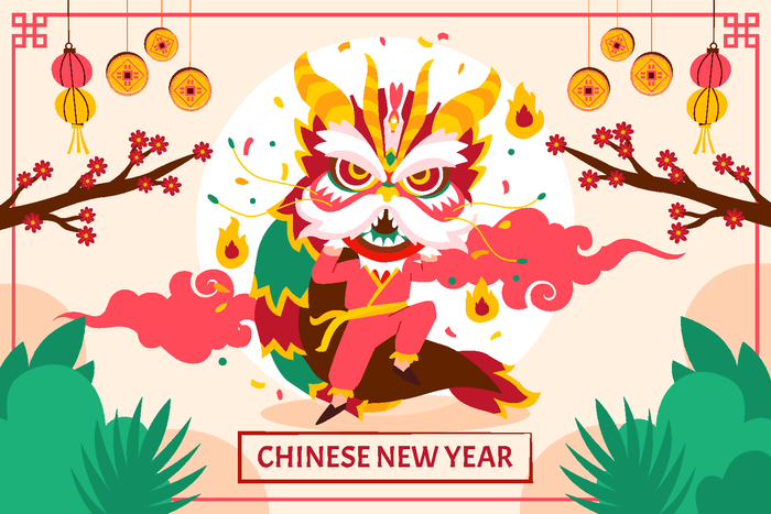 新年虎年舞狮插画 