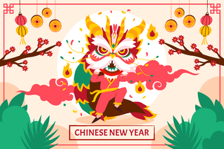 新年虎年舞狮插画 