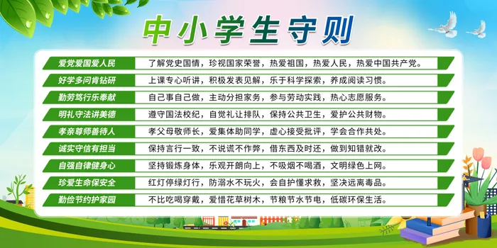 绿色卡通学校制度牌海报中小学生守则学校制度psd模版下载