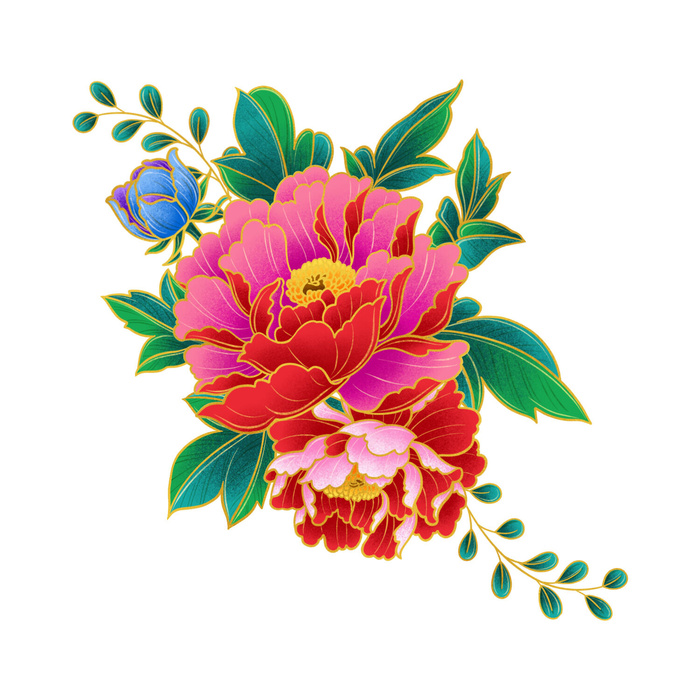手绘国潮中国风古典牡丹花国花花卉装饰图案PSD设计素材