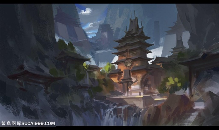 中国风CG深山瀑布寺庙原画绘画图片