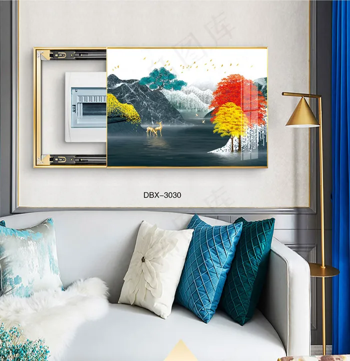 大气时尚家居室内装饰场景客厅沙发卧室床铺电表箱壁画轻奢金鹿发财树