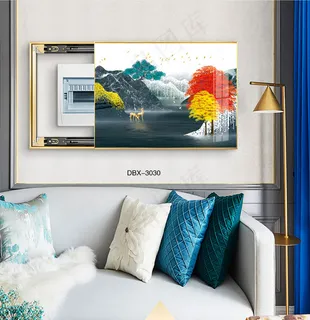 大气时尚家居室内装饰场景客厅沙发卧室床铺电表箱壁画轻奢金鹿发财树