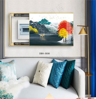 大气时尚家居室内装饰场景客厅沙发卧室床铺电表箱壁画轻奢金鹿发财树