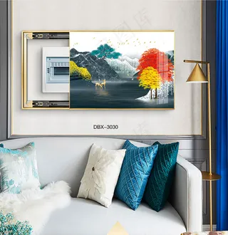 大气时尚家居室内装饰场景客厅沙发卧室床铺电表箱壁画轻奢金鹿发财树