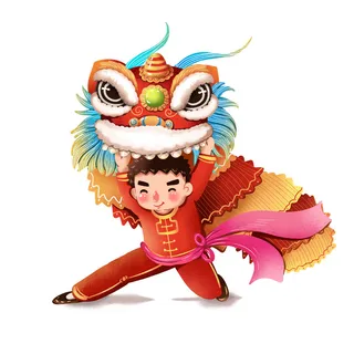 新年春节虎年元宵手绘人物舞狮卡通狮子头插画元素PSD设计素材