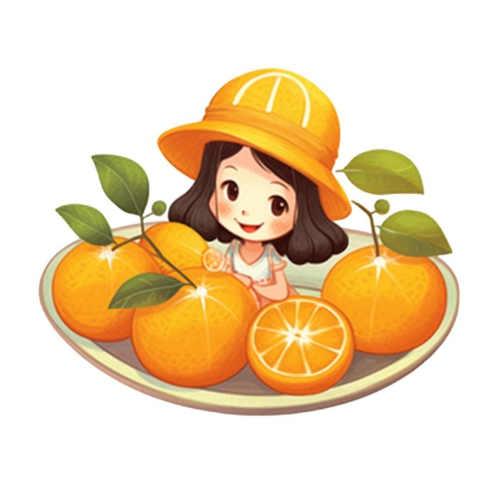 在橙子盘子里的女孩插画免抠(1024x1024)