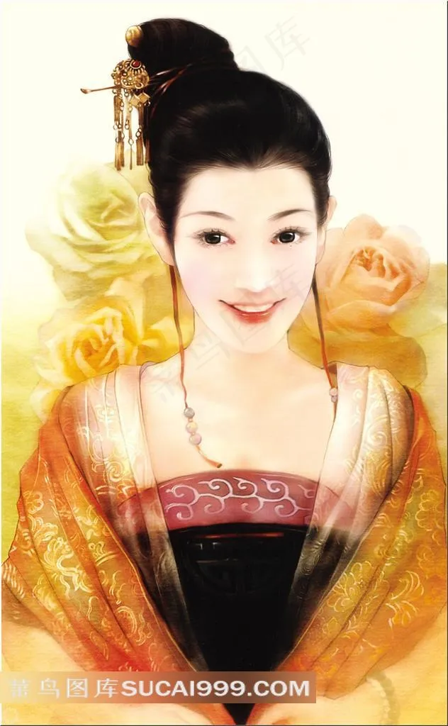 德珍手绘披纱巾的古装美女
