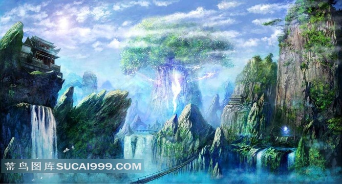 手绘山水美景素材