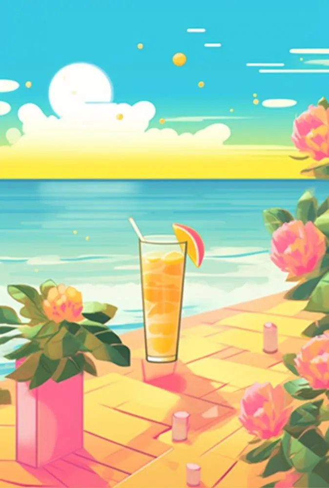 夏日沙滩饮料天空插画背景(896x1328)