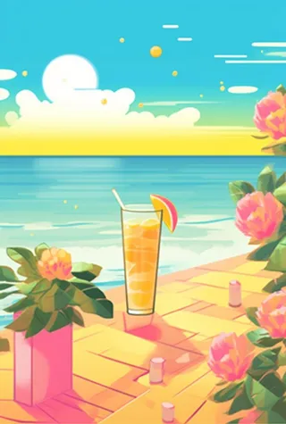 夏日沙滩饮料天空插画背景