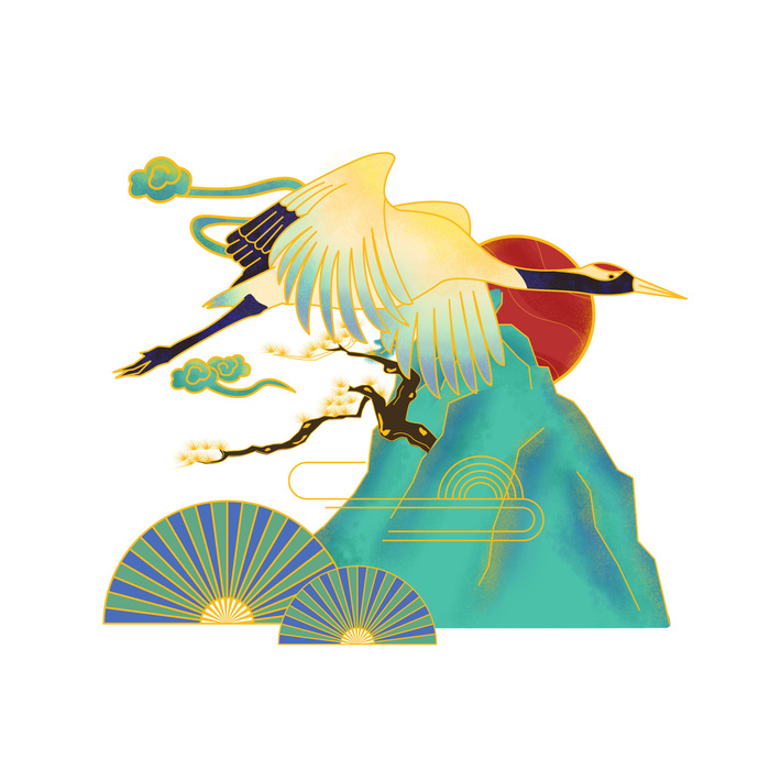 中国风国潮仙鹤山水插画手绘元素场景PSD设计素材
