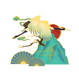 中国风国潮仙鹤山水插画手绘元素场景PSD设计素材