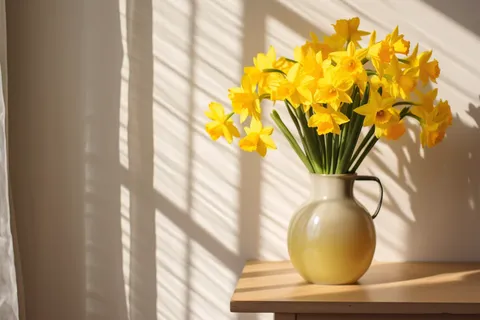 木桌上花瓶里养着的黄水仙鲜花摄影图