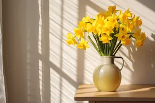 木桌上花瓶里养着的黄水仙鲜花摄影图