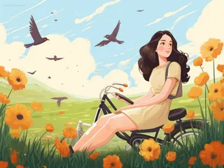 草原花丛里女孩坐着自行车卡通插画