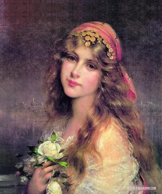 拿着花束的女士肖像油画