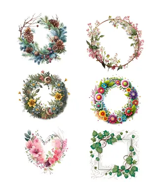一组春天植物花草花环插画免抠元素