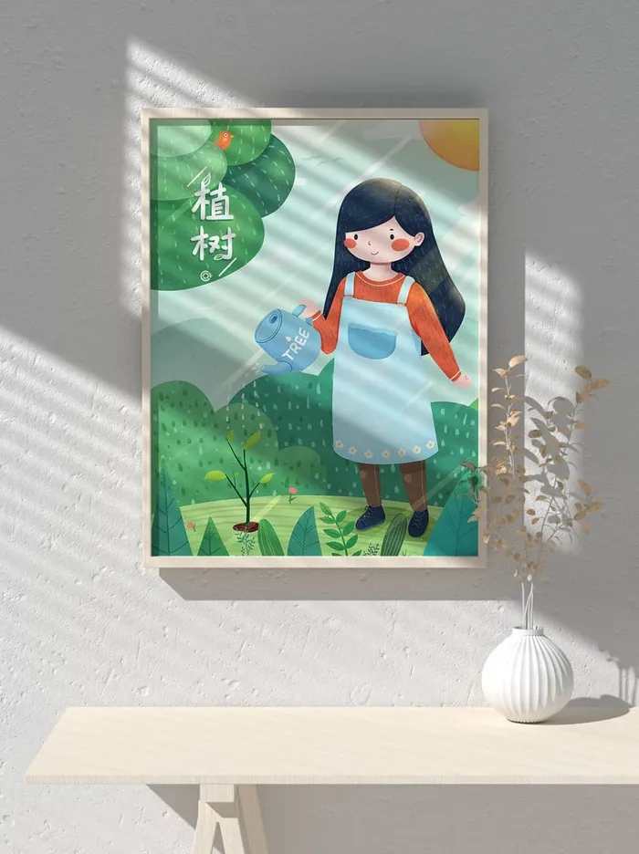 绿色创意公益植树节卡通312保护环境宣传插画psd模版下载