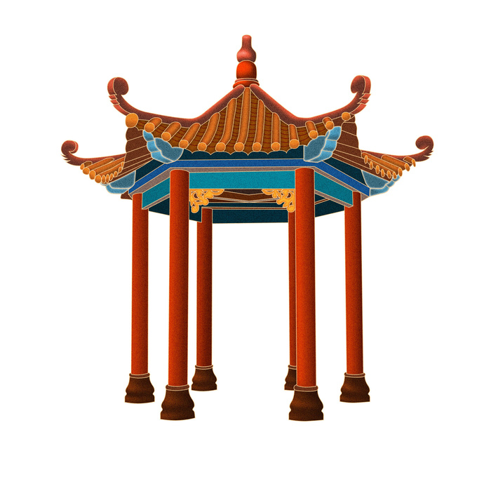 复古中国风国潮古建筑插画手绘高楼古塔PSD素材亭子png免抠图