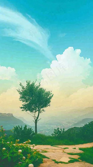 蓝天白云草地树木建筑，春天