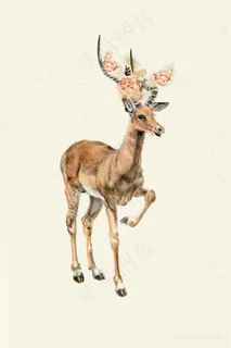 唯美复古水彩麋鹿花卉插画