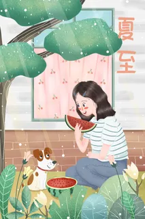 屋下吃西瓜夏至插画浅绿色清凉夏天