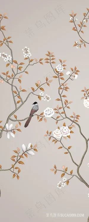 树枝花鸟中式插画
