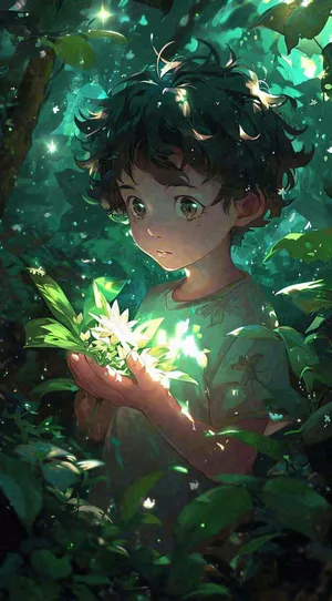 丛林里发着光的人，绿叶树林星光手绘插画