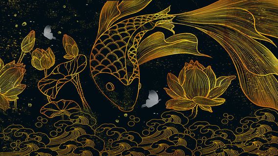 复古中国风国潮手绘烫金仙鹤锦鲤凤凰建筑黑金线描插画PS设计素材