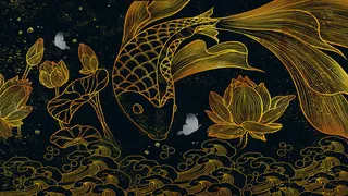 复古中国风国潮手绘烫金仙鹤锦鲤凤凰建筑黑金线描插画PS设计素材