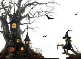 万圣节城堡树枝黑暗恐怖插画免抠