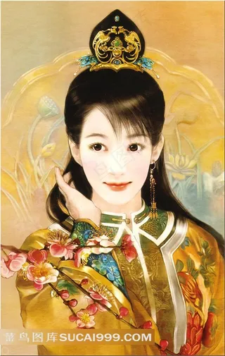 德珍手绘戴凤饰发簪赏桃花的古典美人