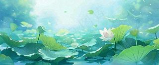 夏天池塘荷花池荷花荷叶河流插画手绘，夏至处暑小暑大暑