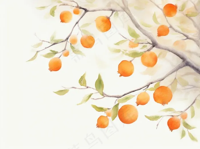 秋季柿子挂枝头橙子水彩国风插画背景(1264x944)