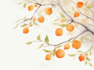 秋季柿子挂枝头橙子水彩国风插画背景