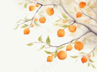 秋季柿子挂枝头橙子水彩国风插画背景