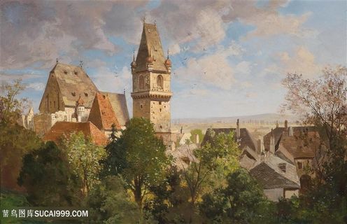 高清古堡建筑风景油画图片