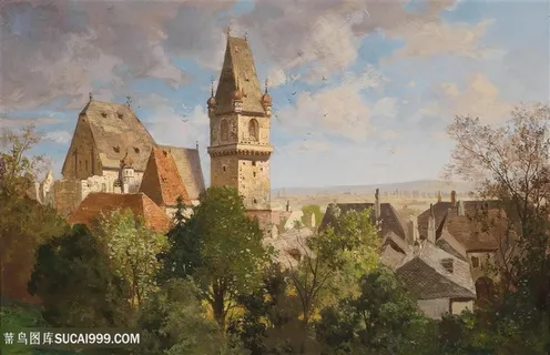 高清古堡建筑风景油画图片