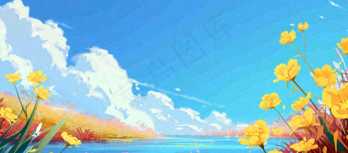 春日草地鲜花清新郊外草坪蓝天白云，春分